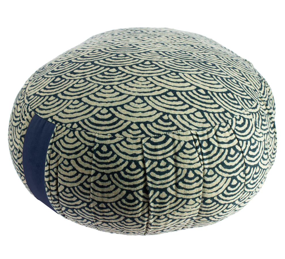 Kapok Round Zafu Meditation Cushion - Seigaiha Blue