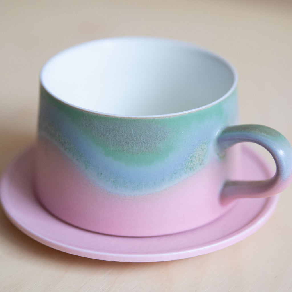 Porcelain Green Blue Pink Glaze Coffee mug with plate