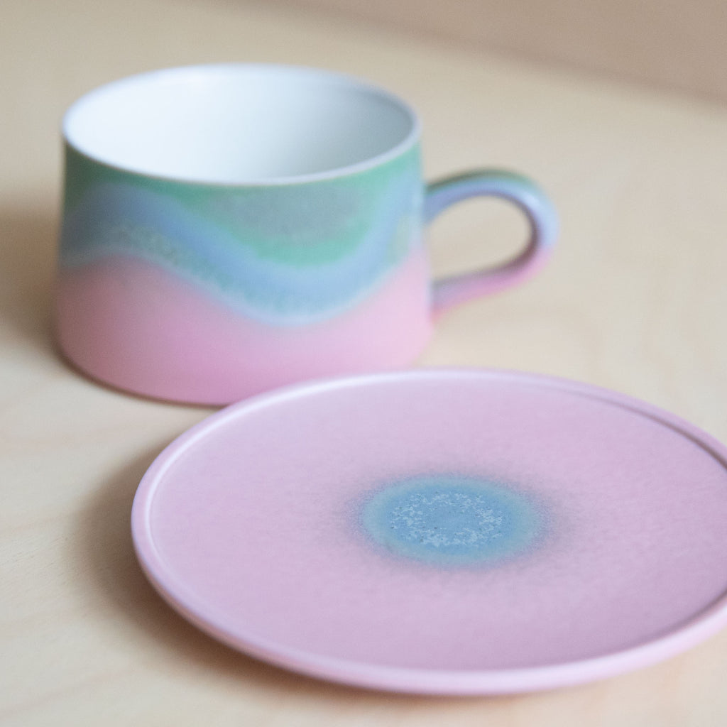 Porcelain Green Blue Pink Glaze Coffee mug with plate