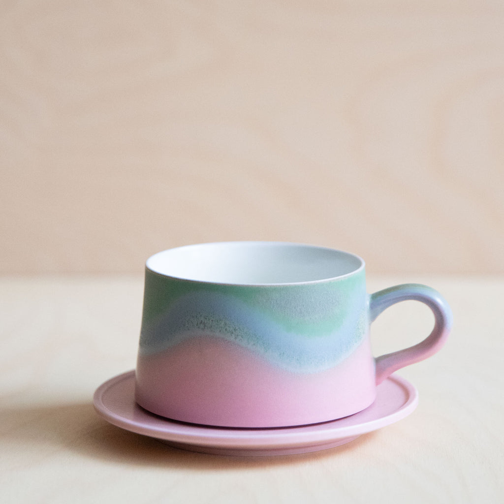 Porcelain Green Blue Pink Glaze Coffee mug with plate