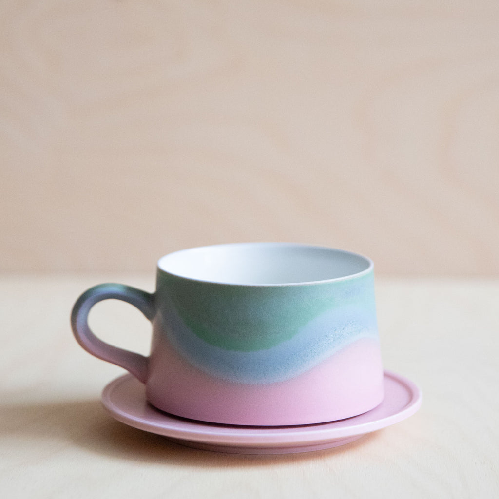 Porcelain Green Blue Pink Glaze Coffee mug with plate