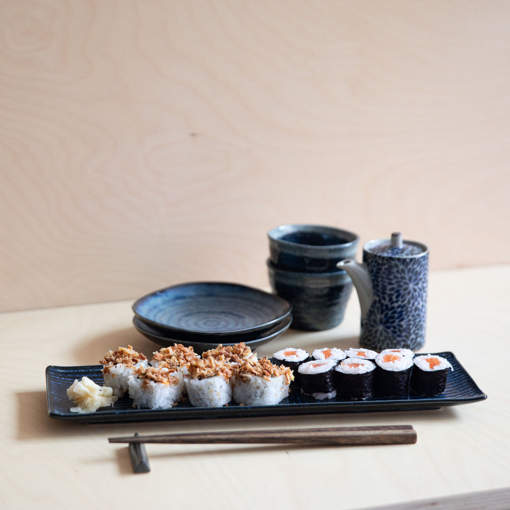 Indigo Blue small plate with matching sushi plate serving sushi