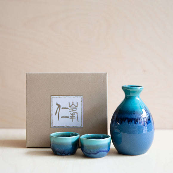 blue/turquoise drip ceramic sake jug and mug set, made in Japan