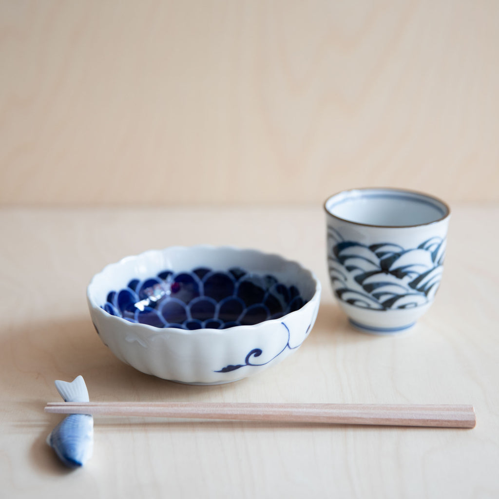 Scallop Rim Small Bowl with Peony Flowers with teacup and chopsticks