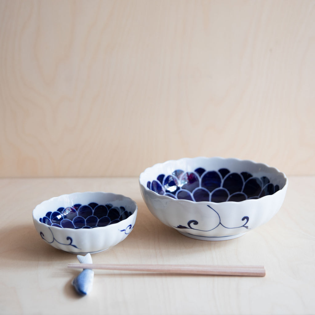 Scallop rim Bowl Large with Blue Peony Flowers