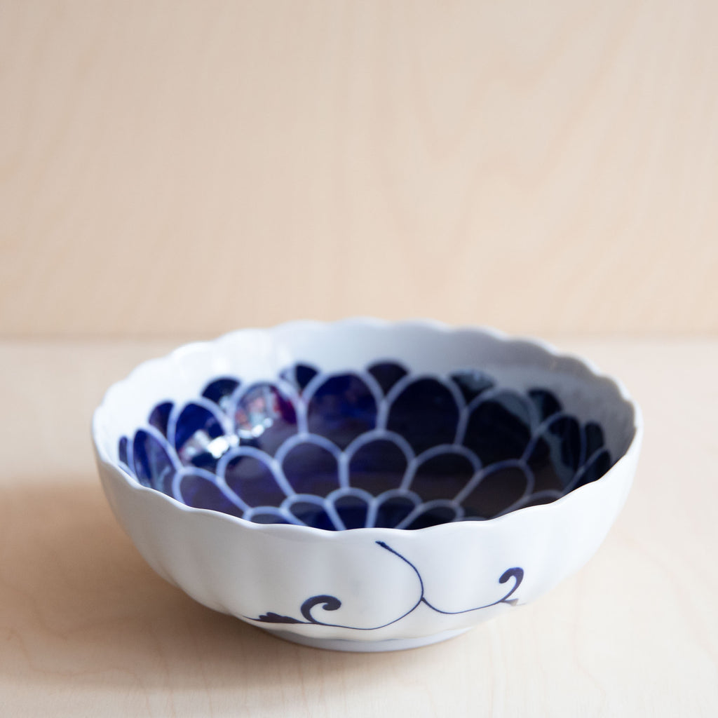 Scallop rim Bowl Large with Blue Peony Flowers