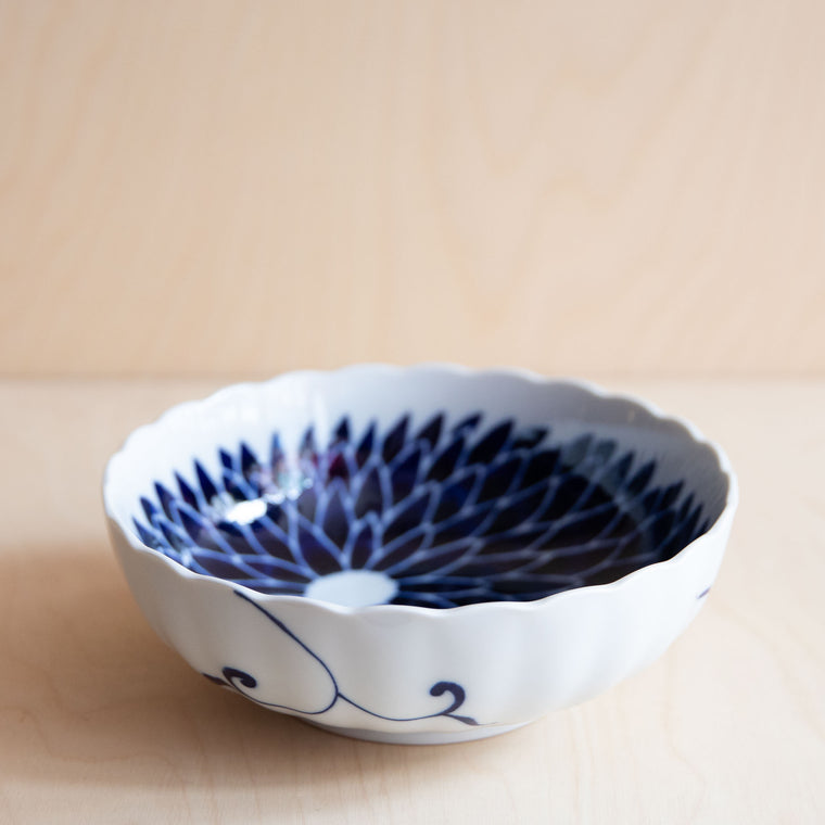 Scallop Rim Bowl Large with Blue Chrysanthemum Flowers