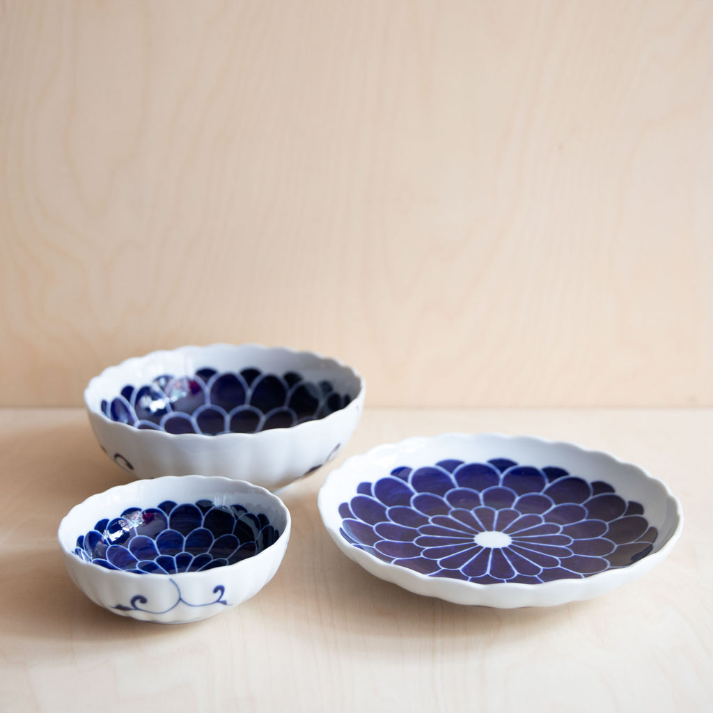 Scallop rim Bowl Large with Blue Peony Flowers