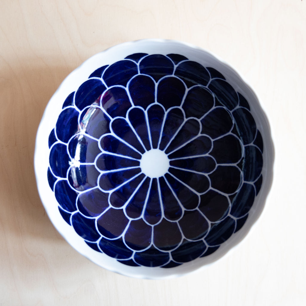 Scallop rim Bowl Large with Blue Peony Flowers