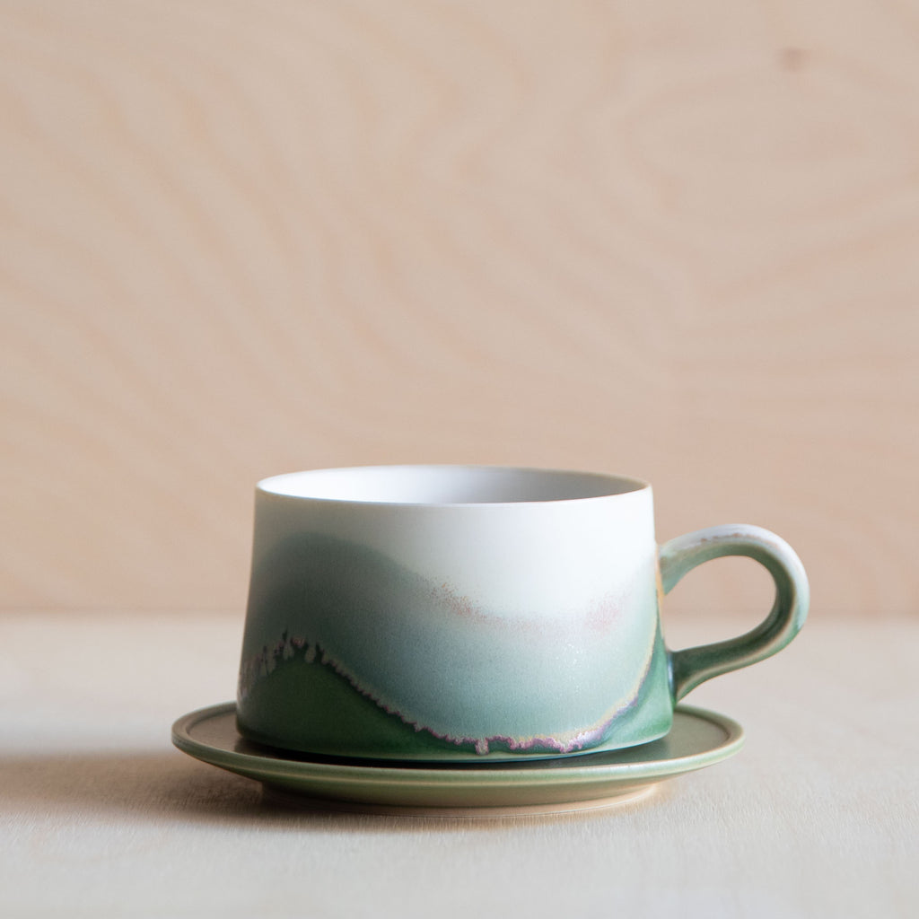 Porcelain Mountain Forest Green Glaze Coffee Cup with Plate