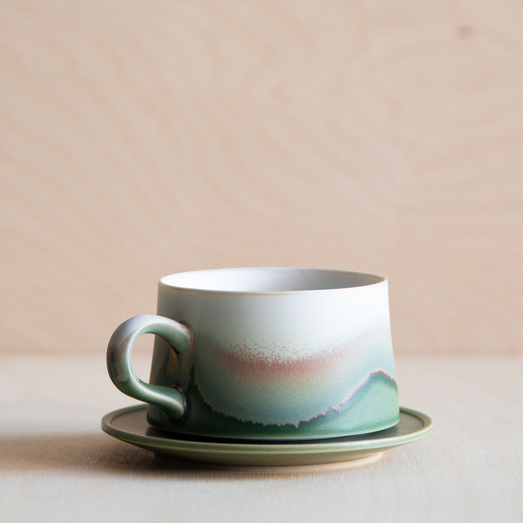 Porcelain Mountain Forest Green Glaze Coffee Cup with Plate