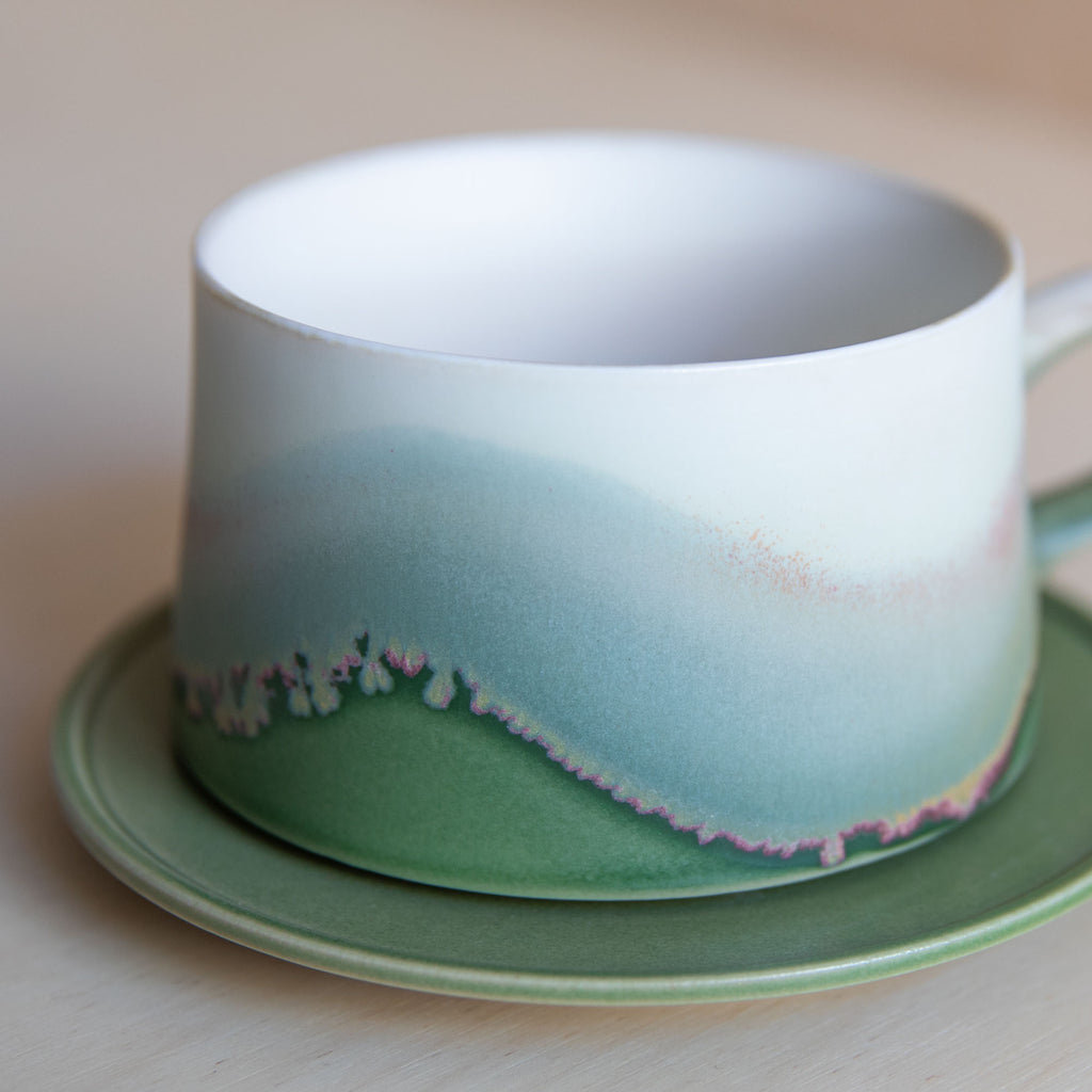 Porcelain Mountain Forest Green Glaze Coffee Cup with Plate