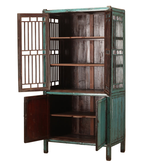 Vintage Blue Latticework Chinese Cabinet from Jiangsu