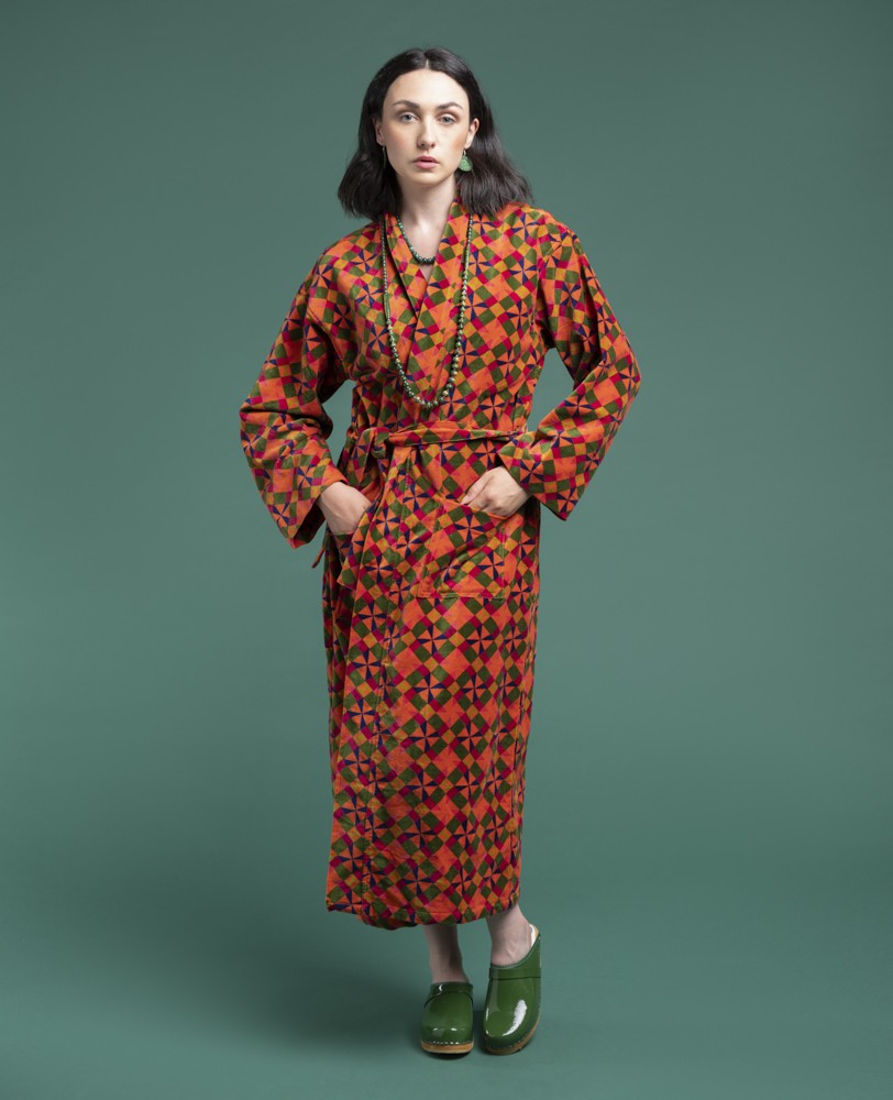 Les Touristes Long Velvet Dressing Gown - Orange Mosaik