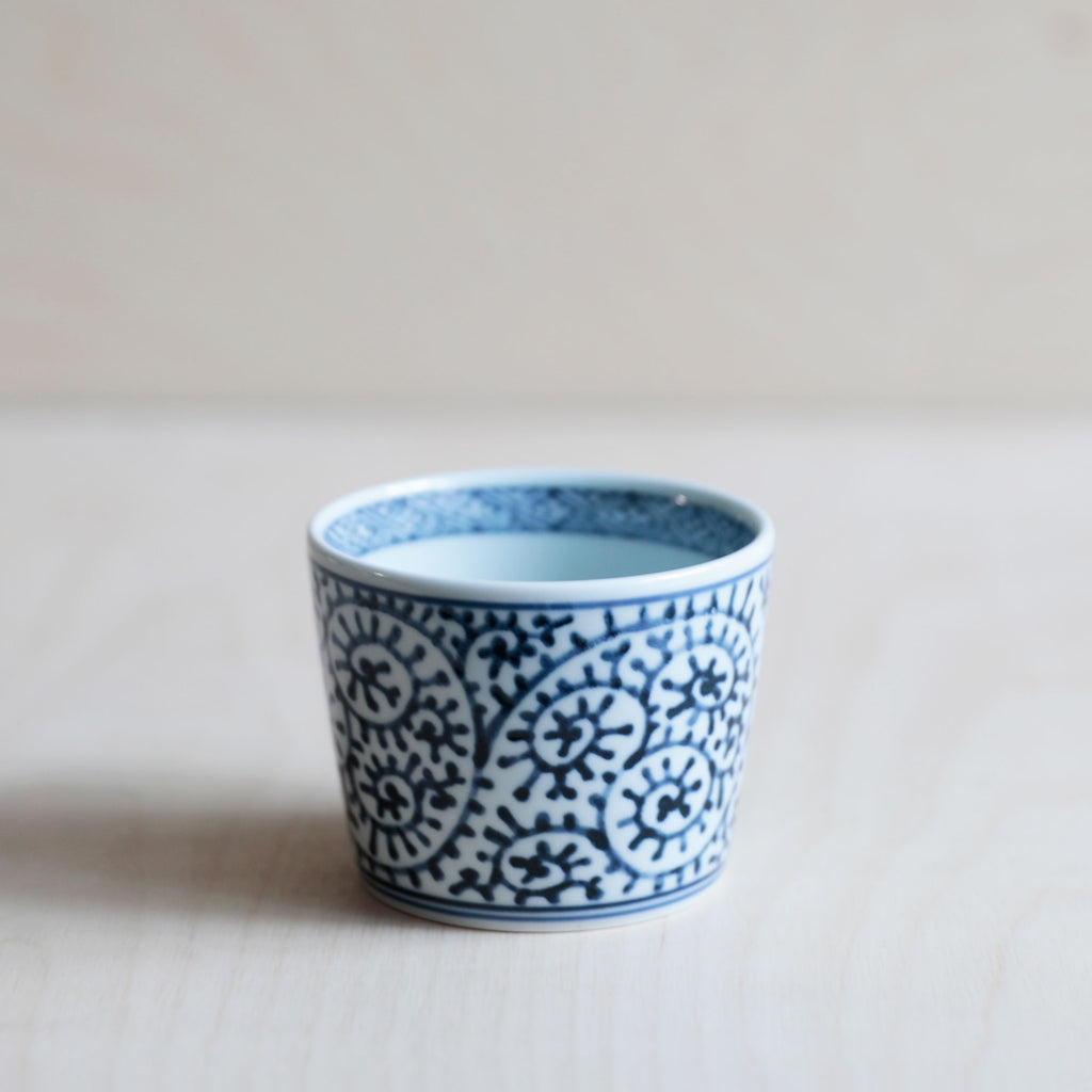 Blue and white patterned ceramic soba cup