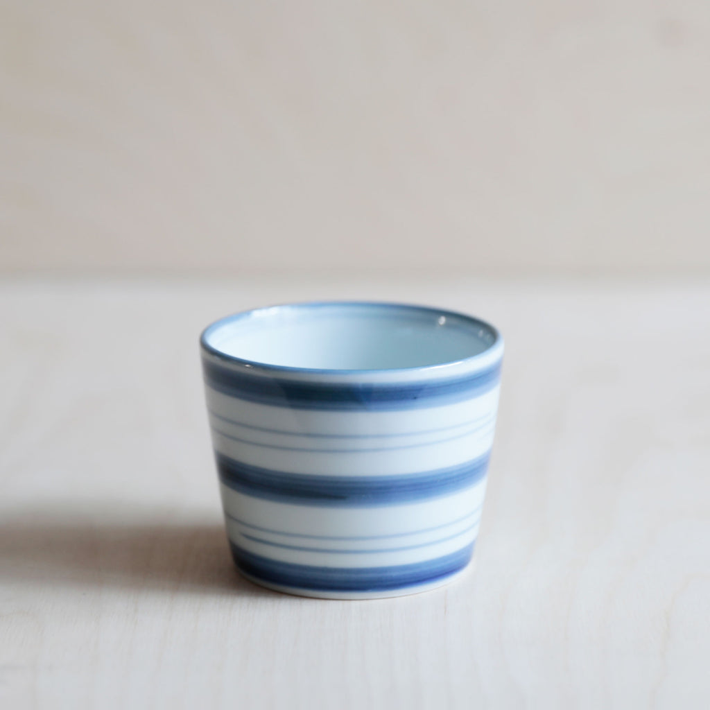 Blue and white striped patterned ceramic soba cup