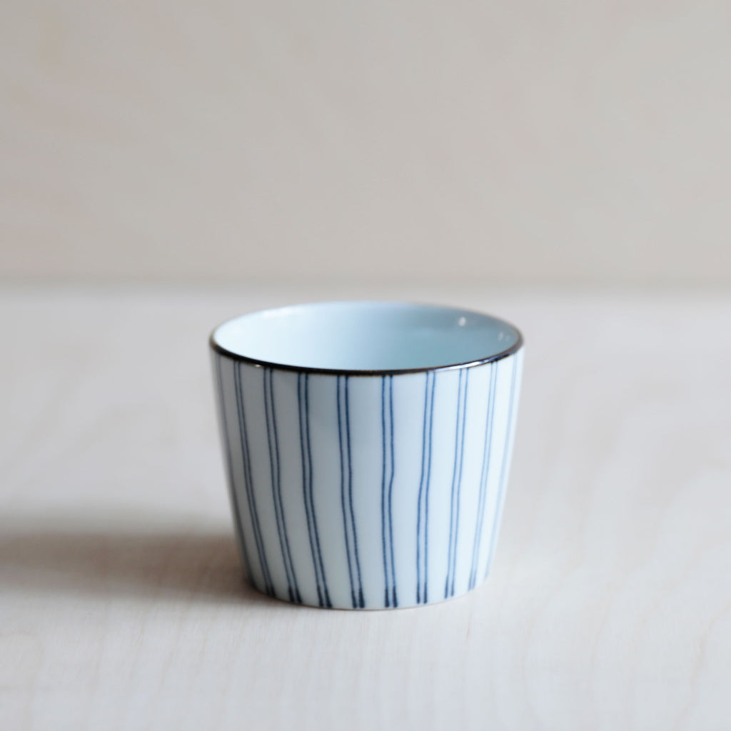 Blue and white patterned ceramic soba cup